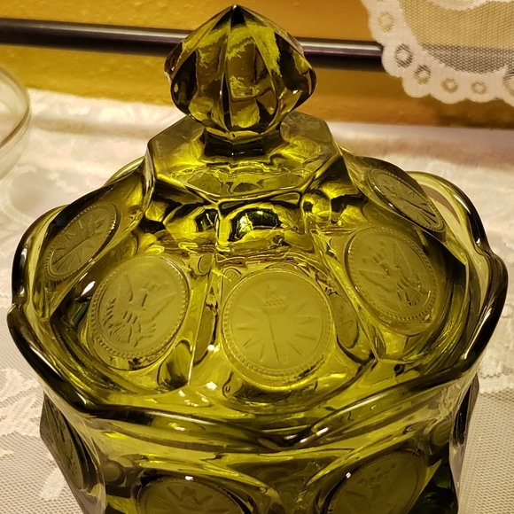 Vtg Candy Nut Dish W/Lid Fostoria Coin Green Glass - Picture 2 of 13